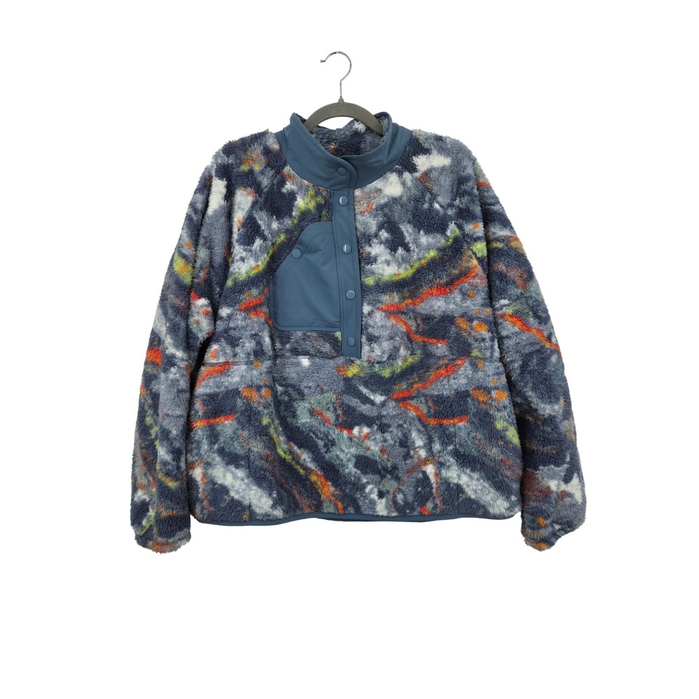 Livi Lane Bryant Women 18/20 Faux Fur Fleece Pullover Blue Abstract Snap Neck
